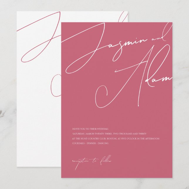 Convite Casamento Tipografia Script Rosa Magenta Mínimo (Frente/Verso)