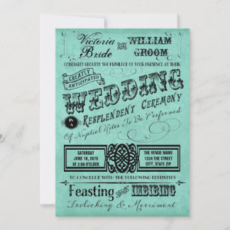 Convite Casamento Tipografia Vintage Azul Turquesa