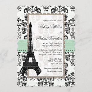 Convite Casamento Torre Eiffel em Verde Menta e Preto