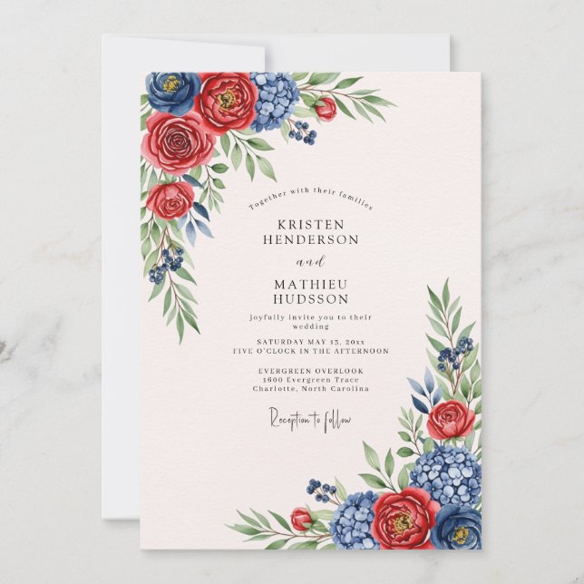 Convite Casamento Tradicional Artístico Carmesim Marinho (Frente)