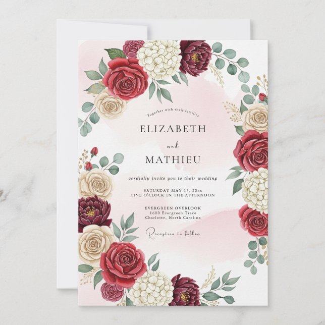 Convite Casamento Tradicional Burgundy Polido (Frente)