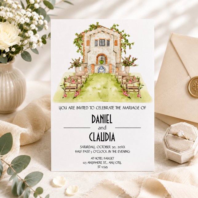 Convite Casamento Tradicional com Aquarela na Igreja (Criador carregado)