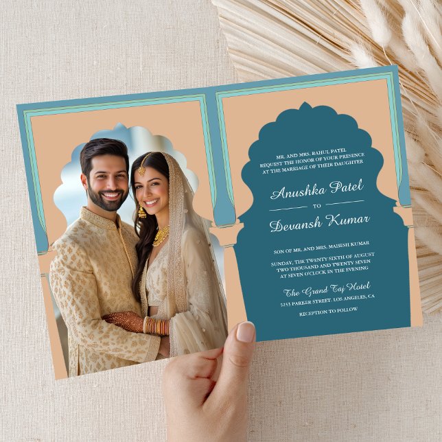 Convite Casamento Tradicional com Foto de Arco Azul Indian (Criador carregado)