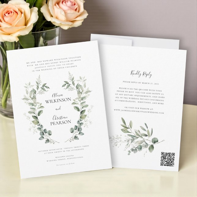 Convite Casamento Tradicional com Vegetação Botânica QRCod (Criador carregado)