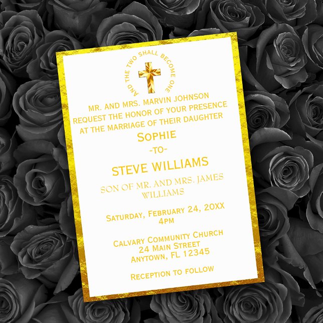 Convite Casamento Tradicional Cruz Cristã em Ouro (Traditional Gold Christian Cross Wedding Invitation)