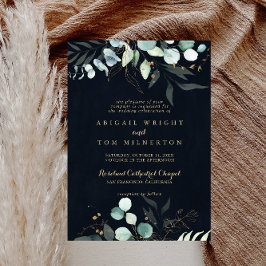 Convite Casamento Tradicional de Azul Floral Dourado Eucal
