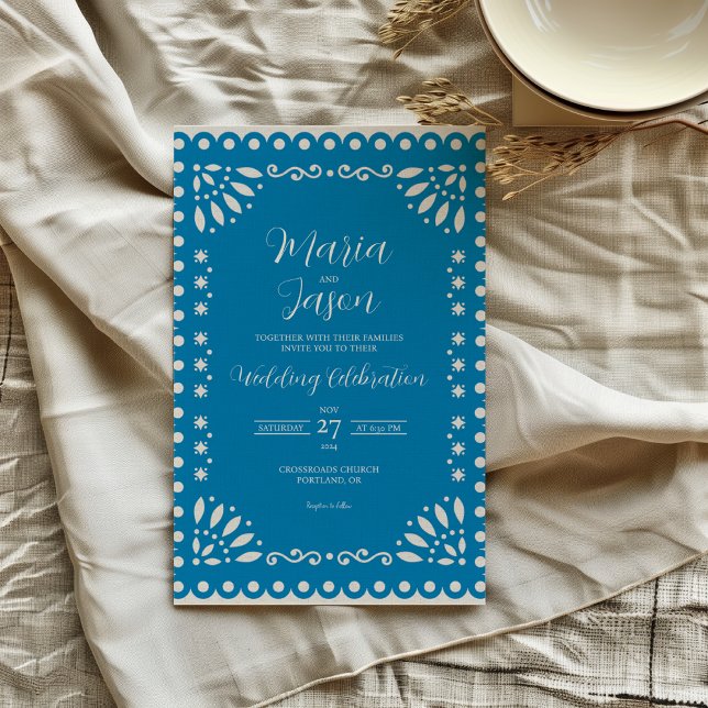 Convite Casamento tradicional de Boda Papel Picado no Méxi (Mexican Blue Papel Picado Traditional Boda Wedding Invitation)