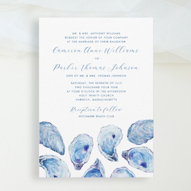 Convite Casamento tradicional de ostras de ostras azul for (Formal Blue Oyster Watercolor Wedding invitation for an elegant traditional church ceremony)