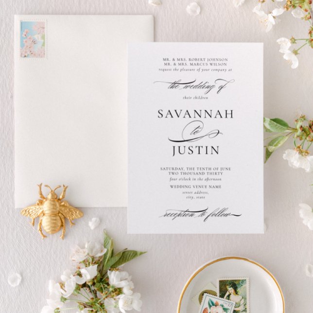 Convite Casamento tradicional de preto e branco (Designed for 2 sets of parents hosting the wedding)