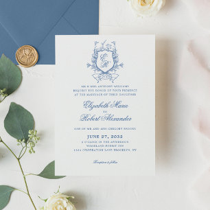 Convite Casamento Tradicional do Monograma Azul Elegante