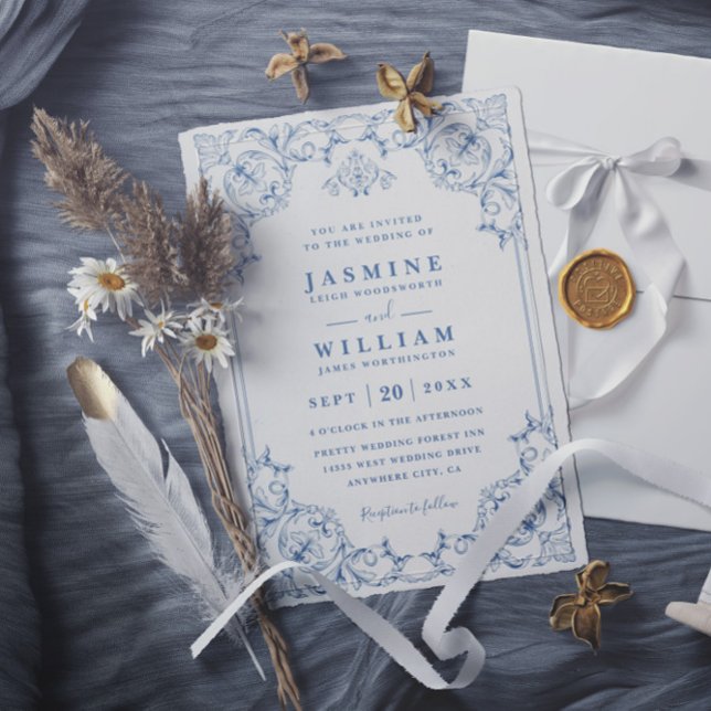 Convite Casamento Tradicional Elegante Azul e Branco com C (Criador carregado)