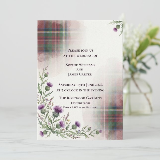 Convite Casamento Tradicional Escocês Tartan Thistle (Em pé/Frente)