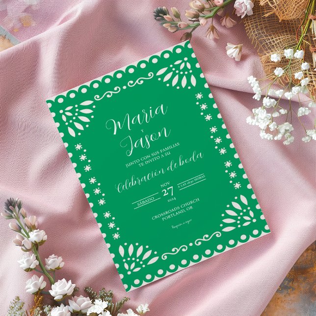 Convite Casamento Tradicional Espanhol em Papel Picado Ver (Green Papel Picado Traditional Spanish Wedding Invitation)