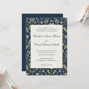 Convite Casamento Tradicional Floral Art Nouveau Azul Mari