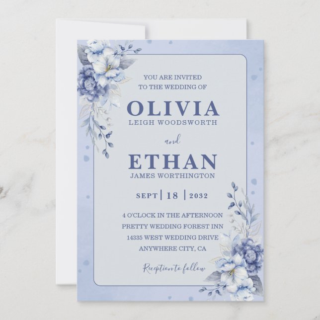 Convite Casamento Tradicional Floral em Azul Elegante com  (Frente)