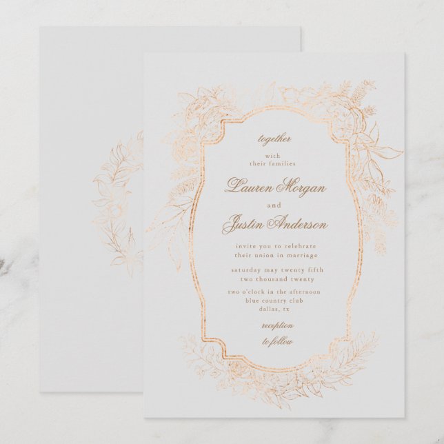 Convite Casamento tradicional floral romântico de ouro (Frente/Verso)