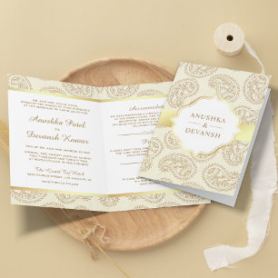 Convite Casamento Tradicional Indiano Paisley Creme e Dour