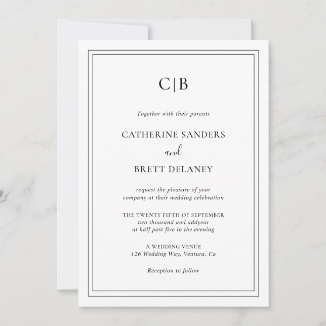Convite Casamento Tradicional Preto e Branco Tudo em Um (Frente)