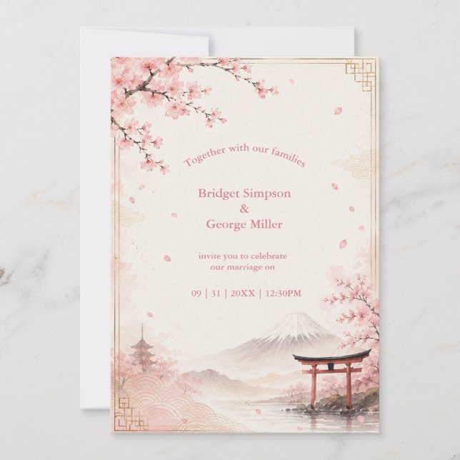 Convite Casamento Tradicional Sakura Monte Fuji Elegância (Frente)