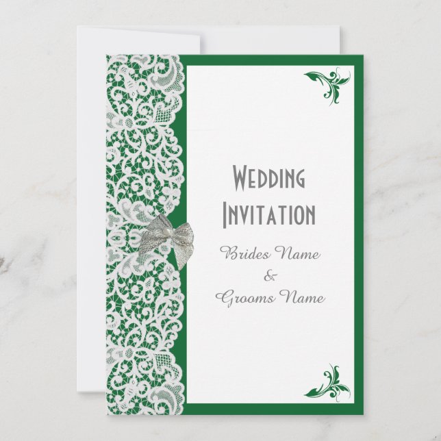Convite Casamento tradicional, verde-claro e renda branca (Frente)