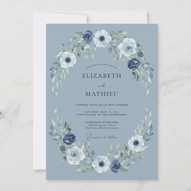Convite Casamento Tranquilo de Inverno em Azul Empoeirado (Frente)