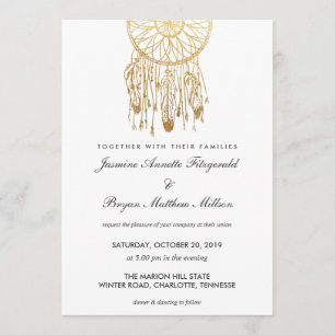 Convite Casamento Tribal Boho Dreamcatcher Faux Gold Foil