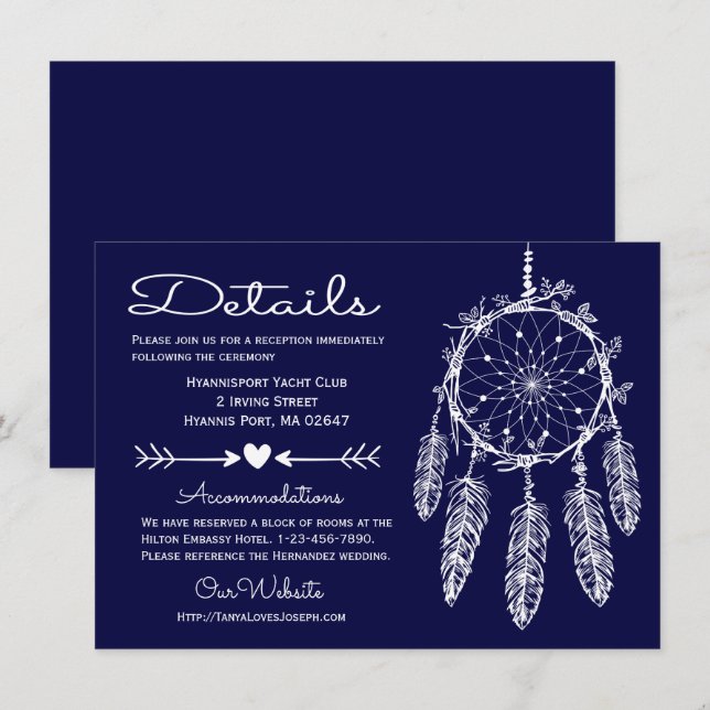 Convite Casamento Tribal de Dreamcatcher Marinho Boho (Frente/Verso)