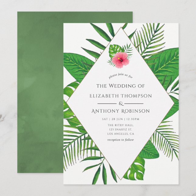 Convite Casamento Tropical à Beira-Mar com Aquarela (Frente/Verso)