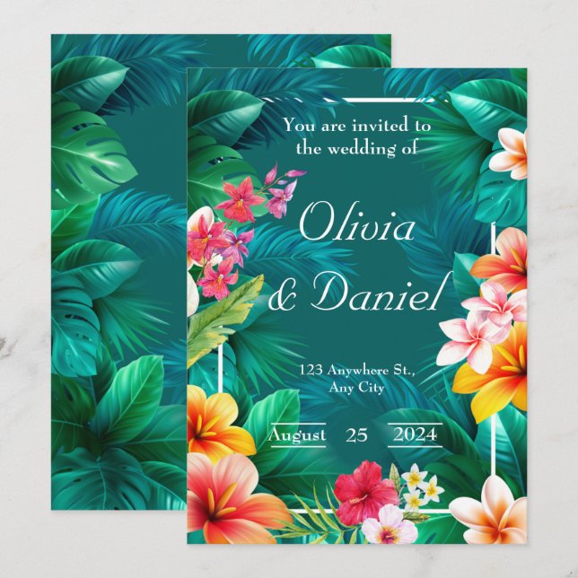 Convite Casamento Tropical Aloha Floral Greenery (Frente/Verso)