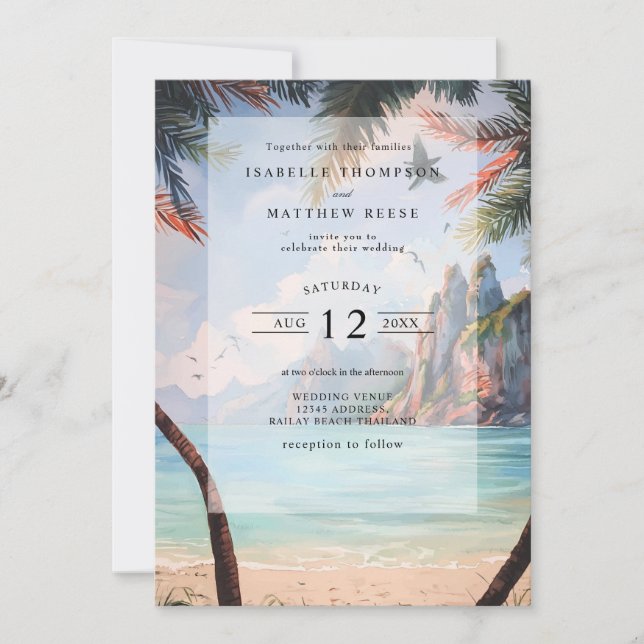 Convite Casamento Tropical Beach da Watercolor Thailand (Frente)