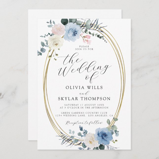 Convite Casamento Tropical Boca de Praia Azul Blush (Frente/Verso)