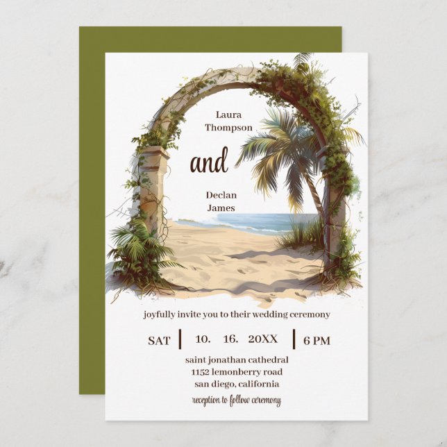 Convite Casamento Tropical Boho Beach, Árvore de Palma Whi (Frente/Verso)