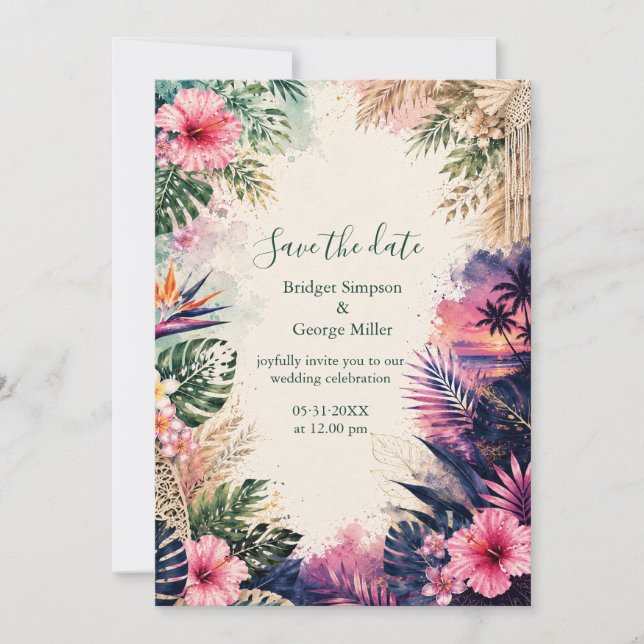 Convite Casamento Tropical Boho Luxuoso Havaí Collage  (Frente)