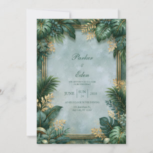 Convite Casamento Tropical Bordado Dourado com Textura de