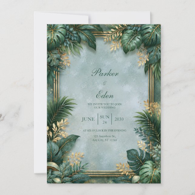 Convite Casamento Tropical Bordado Dourado com Textura de  (Frente)