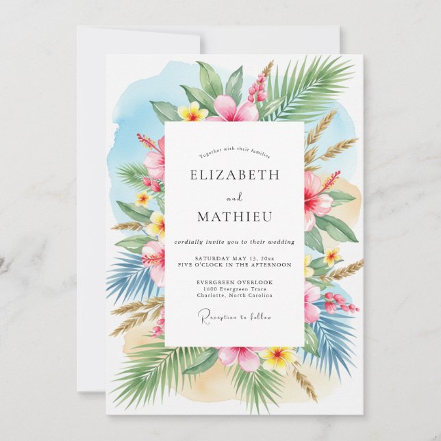 Convite Casamento Tropical Breezy Verde Azul (Frente)