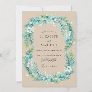 Convite Casamento Tropical com Folhas em Aqua e Espuma do