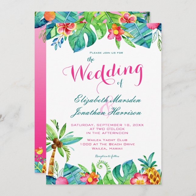 Convite Casamento Tropical com Gradiente Floral Rosa e Tur (Frente/Verso)