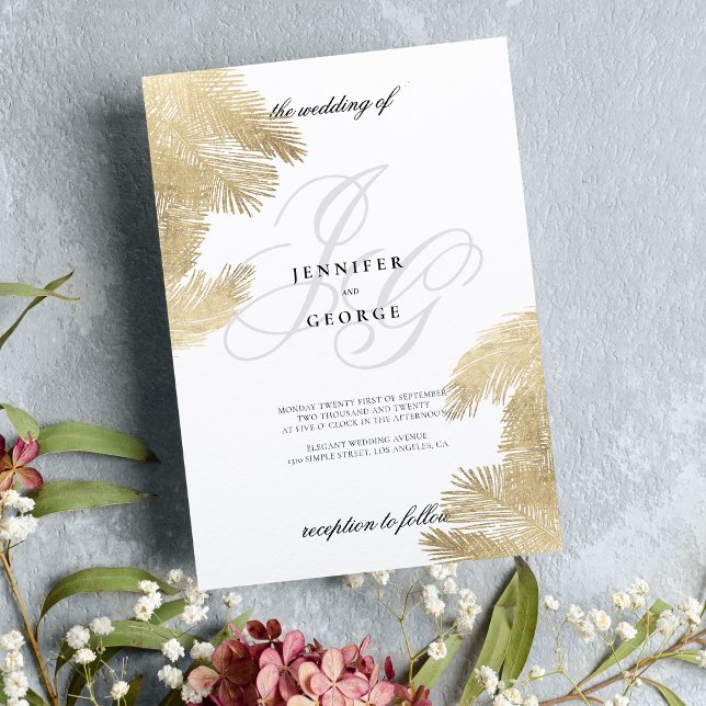 Convite Casamento tropical com monograma de ouro branco (White gold monogram initials tropical wedding )