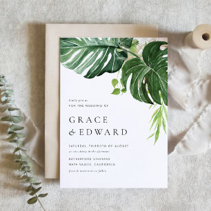 Convite Casamento Tropical com Monstera em Aquarela