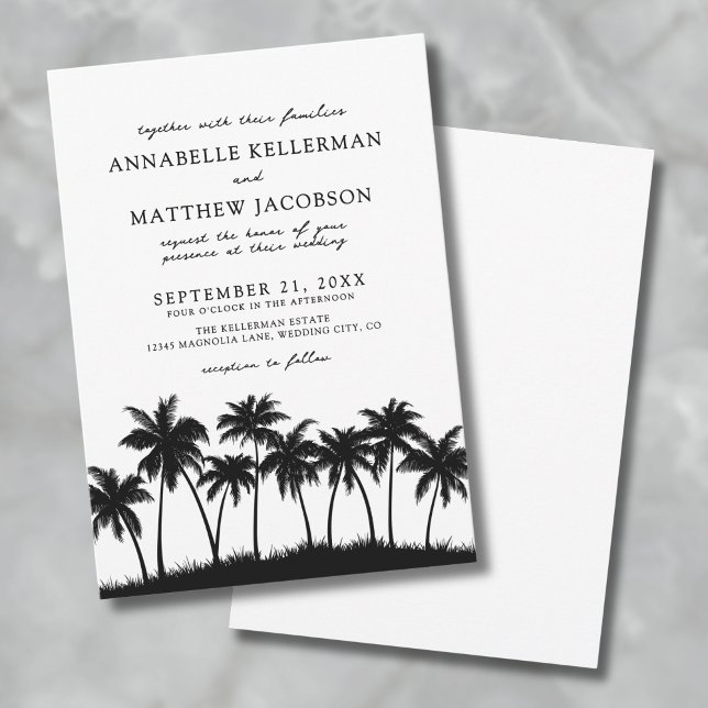 Convite Casamento Tropical com Palmeira (Modern Black White Palm Tree Tropical Wedding Invitation)