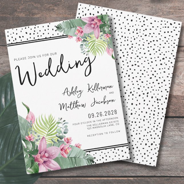 Convite Casamento Tropical com Palmeira Floral (Pink Green Floral Palm Watercolor Tropical Wedding Invitation)