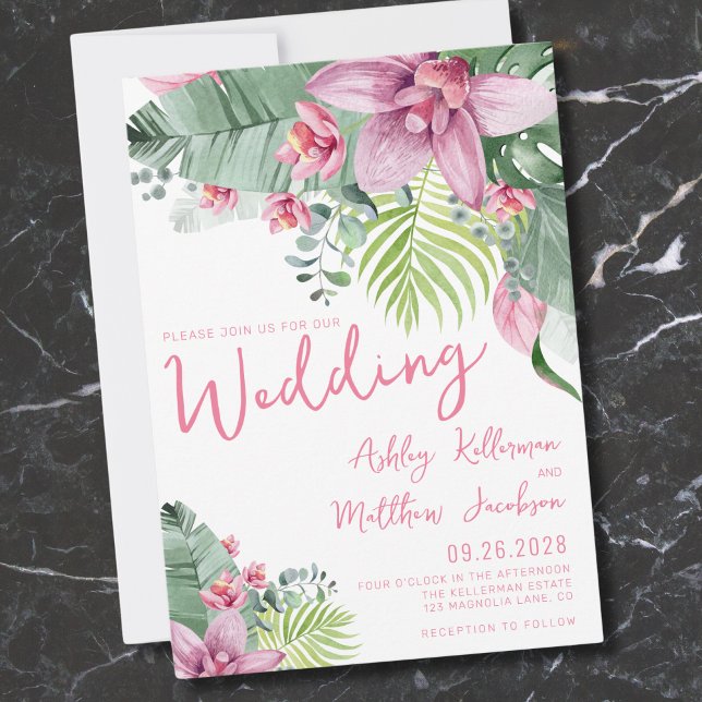 Convite Casamento Tropical com Palmeira Floral (Pink Green Floral Palm Leaves Tropical Wedding Invitation)
