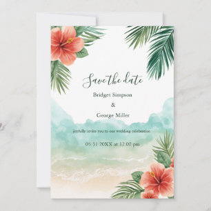 Convite Casamento Tropical Costeiro de Hibisco na Praia do