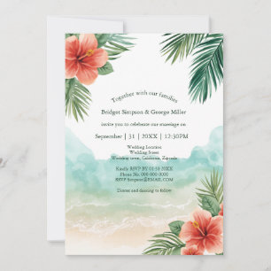 Convite Casamento Tropical Costeiro de Hibisco na Praia do