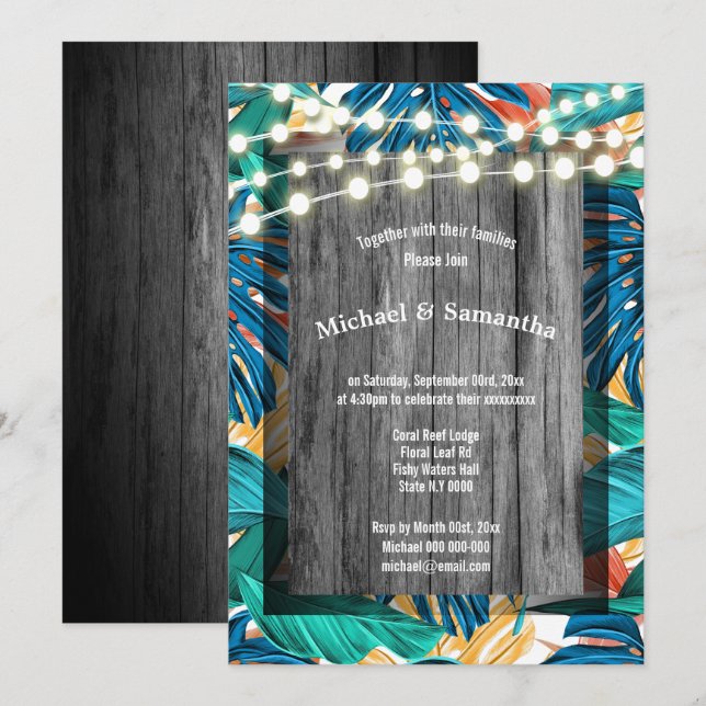 Convite Casamento tropical da selva dos stringlights (Frente/Verso)
