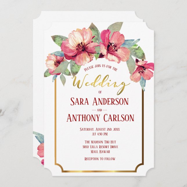 Convite Casamento Tropical de Água Hibiscus Gold Foil (Frente/Verso)