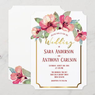 Convite Casamento Tropical de Água Hibiscus Gold Foil
