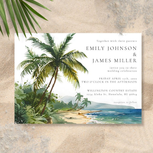 Convite Casamento Tropical de Árvores de Palmeira em Aquar (Watercolor Palm Trees Tropical Beach Wedding Invitation)