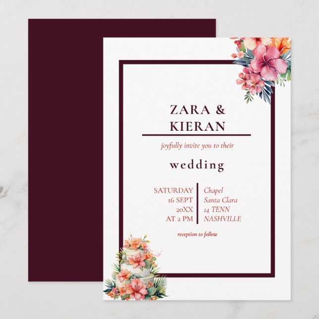 Convite Casamento Tropical de Bolo Floral Elegante (Frente/Verso)